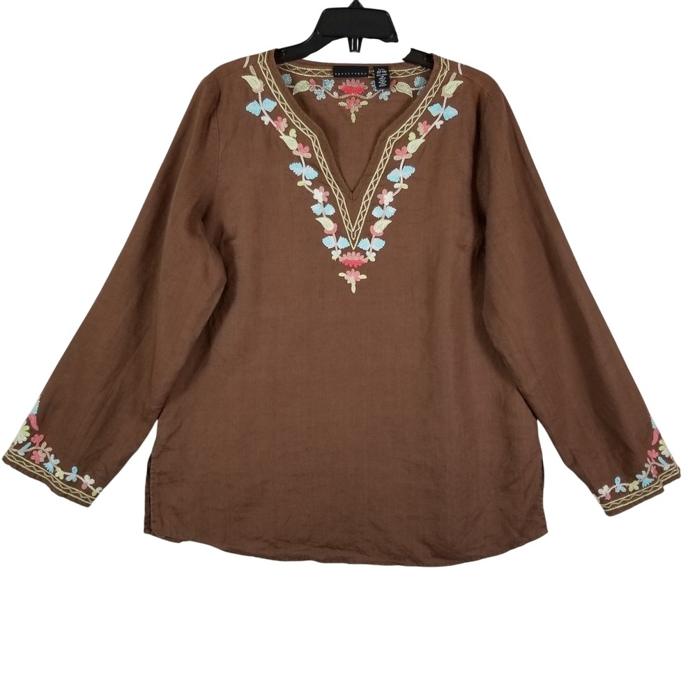 Apostrophe Tunic‎ Top Womens L Brown 100% Linen Floral Embroidered Boho V-Neck